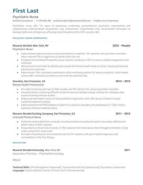 The best Psychiatric Nurse resume example